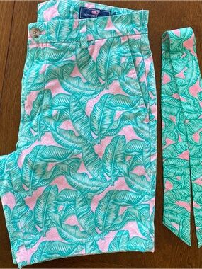 Vineyard Vines Men’s Green and Pink Leaf Shorts with Women’s Matching Headband